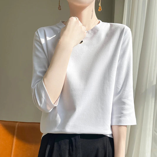 Primavera e verão novo branco mercerizado algodão manga curta camiseta feminina coringa algodão manga curta camisa de fundo