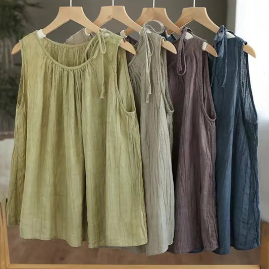 Verão sem mangas tanques topo feminino solto pulôver sólido camisa mujer casual fino algodão camisa de linho mulher roupas camis blusas